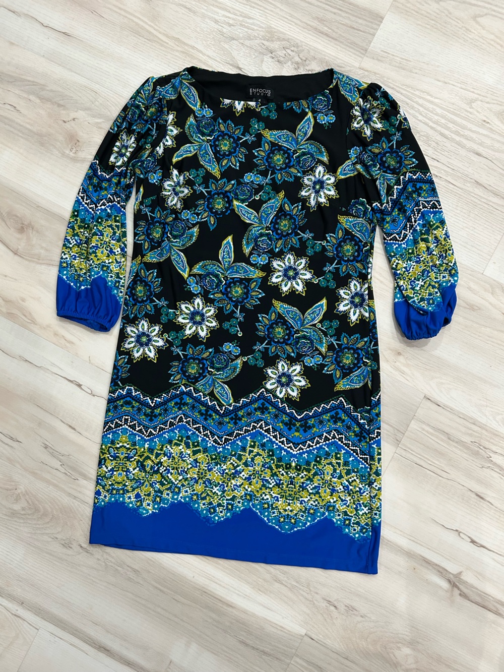 Enfocus Studio Black Floral Midi Dress with Blue & Green Accents